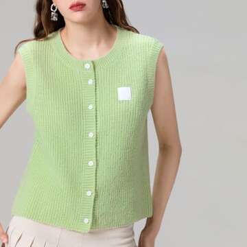 Women Chunky Button Sweater Vest Sleeveless Round Neck Ribbed Knit Tank Top Y2k Knitted Cardigan Vest Shirt(Basic Green,M)