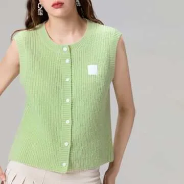 Women Chunky Button Sweater Vest Sleeveless Round Neck Ribbed Knit Tank Top Y2k Knitted Cardigan Vest Shirt(Basic Green,M)