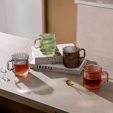 Lysenn Glass Coffee Mug with Lid - Premium Classical Vertical Stripes Glass Tea Cup - for Latte, Tea, Chocolate, Juice, Water - Lead-Free - Bamboo Lid - Lime Green