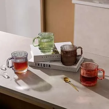 Lysenn Glass Coffee Mug with Lid - Premium Classical Vertical Stripes Glass Tea Cup - for Latte, Tea, Chocolate, Juice, Water - Lead-Free - Bamboo Lid - Lime Green