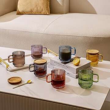 Lysenn Glass Coffee Mug with Lid - Premium Classical Vertical Stripes Glass Tea Cup - for Latte, Tea, Chocolate, Juice, Water - Lead-Free - Bamboo Lid - Lime Green