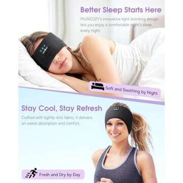 MUSICOZY Sleep Headphones Wireless, Bluetooth 5.2 Headband Sports Sleeping Headphones Eye Mask Earbu...