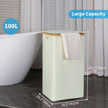 efluky Laundry Basket with Lid and Removable Bag, 100L Tall Laundry Hamper with Bamboo Handles, Aesthetic Dirty Clothes Bin for Laundry Room, Bathroom, Bedroom and Dorm, Beige