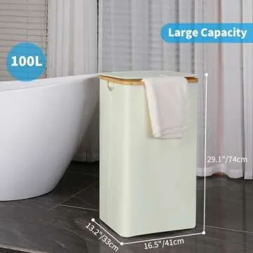efluky Laundry Basket with Lid and Removable Bag, 100L Tall Laundry Hamper with Bamboo Handles, Aesthetic Dirty Clothes Bin for Laundry Room, Bathroom, Bedroom and Dorm, Beige