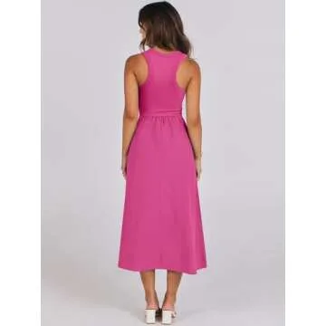 ANRABESS Women's Summer Casual Sleeveless Midi Sundress Patchwork Knit High Neck Tank Top Racerback Flowy Dresses Pockets Pink Large