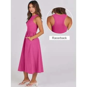 ANRABESS Women's Summer Casual Sleeveless Midi Sundress Patchwork Knit High Neck Tank Top Racerback Flowy Dresses Pockets Pink Large