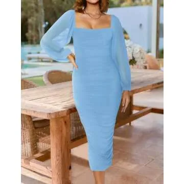 ZESICA Women's Sexy Ruched Bodycon Midi Dress - Puff Sleeve Design for Elegant Occasions