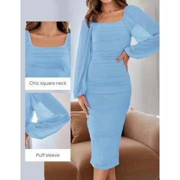 ZESICA Women's Sexy Bodycon Midi Dress With Puff Sleeves