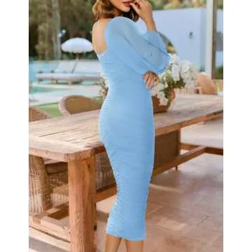 ZESICA Women's Sexy Bodycon Midi Dress With Puff Sleeves