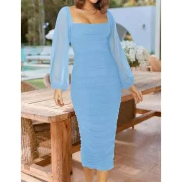 ZESICA Women's Sexy Bodycon Midi Dress With Puff Sleeves