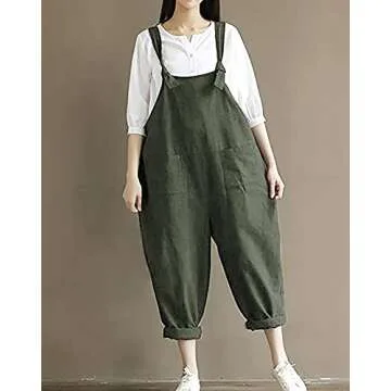 Aedvoouer Women's Overalls Jumpsuits Plus Size Wide Leg Loose Linen Baggy Bib Pants,M,B-green