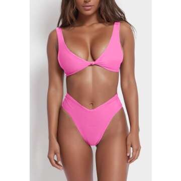 geluboao Light Pink Bikini Sets for Women High Waited V Cut Swimwear Full Coverage Swimsuit Cute Fro...