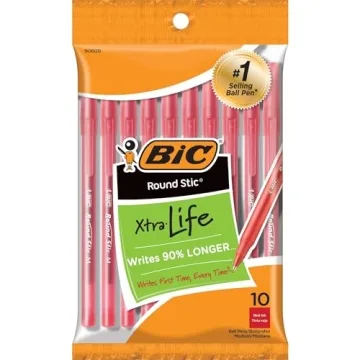 BIC Round Stic Xtra Life Red Ballpoint Pens, Classic 10-Pack with Medium Point Ink
