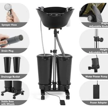 Artist hand Adjustable Portable Shampoo Bowl with Electric Pump, Hair Washing Station,Includes 2 Buckets, Drain Hoses,High-Pressure Sprayer, Foot Pedal Switch