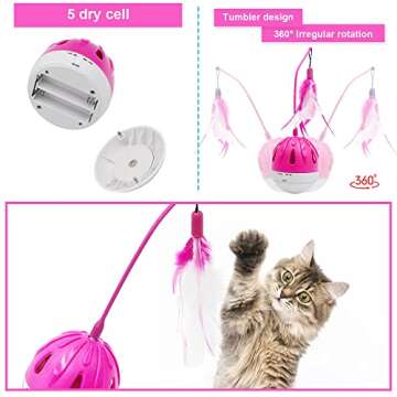 PKNOVEL Automatic Cat Toys Interactive Cat Feather Toys, Pet Exercise Toys, Funny Swing Ball, Cat Exercise, Battery Operated, Cute Swing Ball with Feather, Cat Toy with Bird Sound (Pink)
