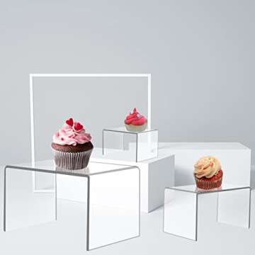 Ouskr 6 Pcs Acrylic Risers for Display, Acrylic Display Riser, Clear Display Stands for Shelf Dessert Cupcake Candy Food Tabletop Collectibles Product Bar Action Figure Jewelry Showcase (3- 4- 5 IN)