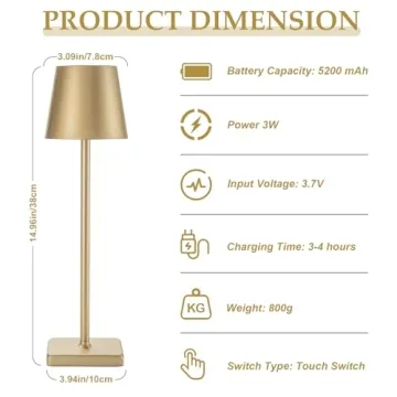 HASUN Cordless Table Lamp - Rechargeable 3 Color Dimming