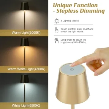 HASUN Cordless Table Lamp - Rechargeable 3 Color Dimming