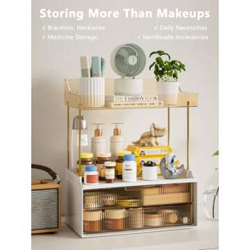 Hoffeins 4 Tiers Bathroom Organizers and Storage Countertop with 2 Drawers, Multi-Purpose Vanity Organizer, Skin Care Organizer for Dresser- Amber