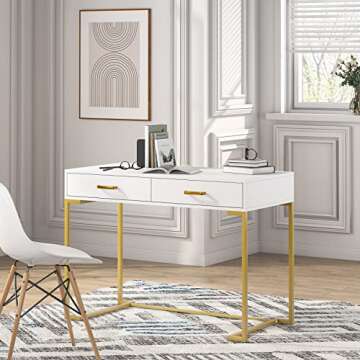 Tribesigns Computer Desk with 2 Drawers, White and Gold Desk Modern Writing Desk Study Table for Hom...