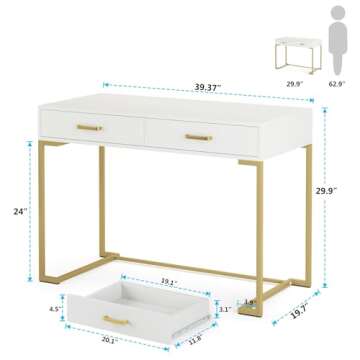 Tribesigns Computer Desk with 2 Drawers, White and Gold Desk Modern Writing Desk Study Table for Home Office, Bedroom, Small Space - Wood Top and Gold Metal Frame (White/Gold)