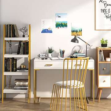Tribesigns Computer Desk with 2 Drawers, White and Gold Desk Modern Writing Desk Study Table for Home Office, Bedroom, Small Space - Wood Top and Gold Metal Frame (White/Gold)