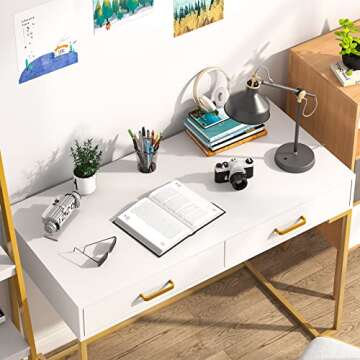 Tribesigns Computer Desk with 2 Drawers, White and Gold Desk Modern Writing Desk Study Table for Home Office, Bedroom, Small Space - Wood Top and Gold Metal Frame (White/Gold)