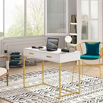 Tribesigns Computer Desk with 2 Drawers, White and Gold Desk Modern Writing Desk Study Table for Home Office, Bedroom, Small Space - Wood Top and Gold Metal Frame (White/Gold)