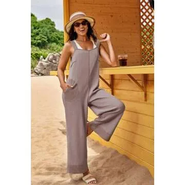 Panadila Womens Waffle Knit Jumpsuit Casual Wide Leg Jumpsuits Oversized Long Rompers Open Back Loose Overalls(Grey Pink,S)