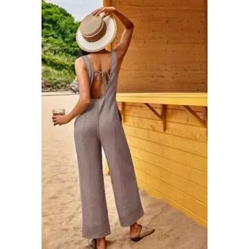 Panadila Womens Waffle Knit Jumpsuit Casual Wide Leg Jumpsuits Oversized Long Rompers Open Back Loose Overalls(Grey Pink,S)