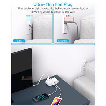 Ultra Thin Flat Plug Power Strip with USB Ports