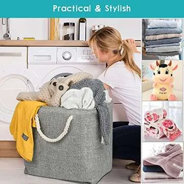 2 Pack Laundry Basket, Fabric Laundry Hamper with Drawstring Closure, Large Decorative Clothes Basket 3 Layers Thicken Organizer Bins with Handles for Clothes, Toys, Books