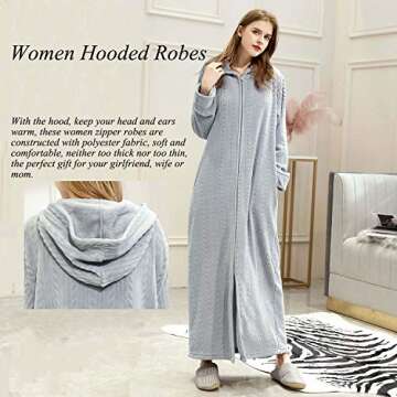 Hellomamma Long Hooded Zipper Bathrobe for Womens Flannel Fleece Robes Winter Warm Housecoat Nightgo...