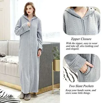 Hellomamma Flannel Fleece Long Hooded Zip Bathrobe