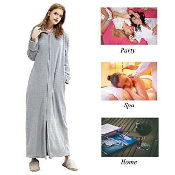Hellomamma Long Hooded Zipper Bathrobe for Womens Flannel Fleece Robes Winter Warm Housecoat Nightgown Sleepwear Pajamas Light Grey L-XL