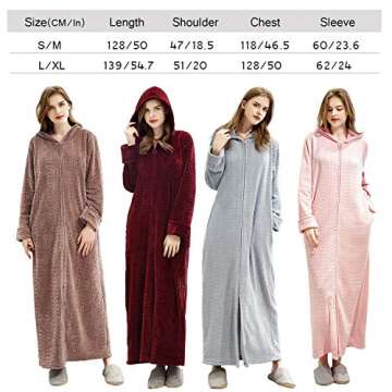 Hellomamma Long Hooded Zipper Bathrobe for Womens Flannel Fleece Robes Winter Warm Housecoat Nightgown Sleepwear Pajamas Light Grey L-XL