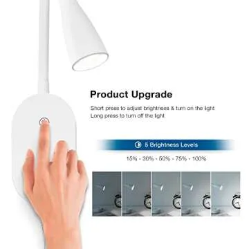 TOPMB Wall Mount Reading Light, Focused Book Light for Reading in Bed, 5 Dimming, USB Output, 4 Hours Auto Off, Touch Control, Flexible Gooseneck Headboard Reading Lamp, Easy to Install White