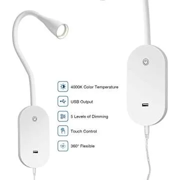 TOPMB Wall Mount Reading Light, Focused Book Light for Reading in Bed, 5 Dimming, USB Output, 4 Hours Auto Off, Touch Control, Flexible Gooseneck Headboard Reading Lamp, Easy to Install White