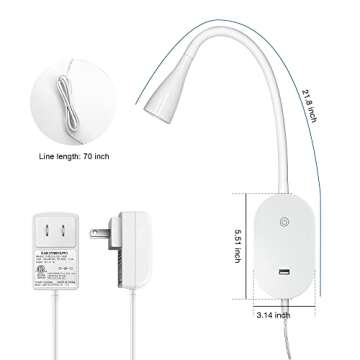 TOPMB Wall Mount Reading Light, Focused Book Light for Reading in Bed, 5 Dimming, USB Output, 4 Hours Auto Off, Touch Control, Flexible Gooseneck Headboard Reading Lamp, Easy to Install White