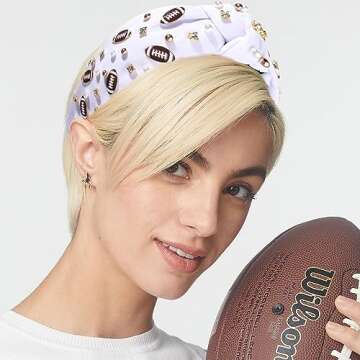 Football Headband Pearl Rhinestone Jeweled Knotted Headbandn Wide Game Day Sports Hair Accessories Gift for Football Mom Fans