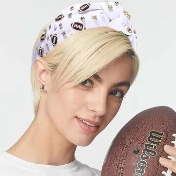 Football Headband Pearl Rhinestone Jeweled Knotted Headbandn Wide Game Day Sports Hair Accessories Gift for Football Mom Fans