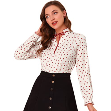 Allegra K Women's Bow Tie Neck Blouse Ruffled Collar Printed Long Sleeve Vintage Top Medium Beige Red-Hearts