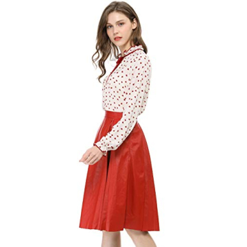 Allegra K Women's Bow Tie Neck Blouse Ruffled Collar Printed Long Sleeve Vintage Top Medium Beige Red-Hearts