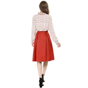 Allegra K Women's Bow Tie Neck Blouse Ruffled Collar Printed Long Sleeve Vintage Top Medium Beige Red-Hearts