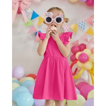Arshiner Toddler Girls Dresses Hot Pink Dress Ruffle Sleeve Dress Back Bowknot Dress Kids Summer Cas...