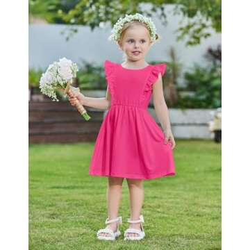 Arshiner Toddler Girls Dresses Hot Pink Dress Ruffle Sleeve Dress Back Bowknot Dress Kids Summer Casual Beach Sundress 5T Girls Dresses