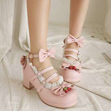 Parisuit Womens Mary Jane Chunky Heel Platform Pumps Bowtie Heart Strap Lace Kawaii Maid Shoes-Pink Size 6