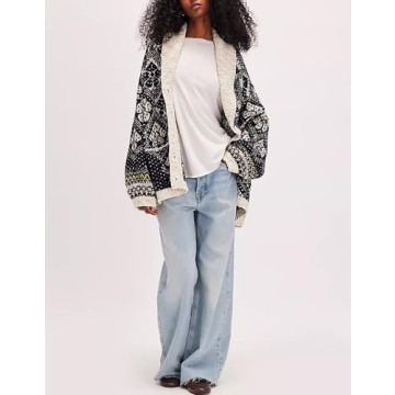 Yuemengxuan Cardigan Sweaters for Women Button Down Shawl Collar Oversized Sweater Coats Y2k Print Cardigans Fall Fashion, Black, One Size