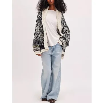 Yuemengxuan Cardigan Sweaters for Women Button Down Shawl Collar Oversized Sweater Coats Y2k Print Cardigans Fall Fashion, Black, One Size