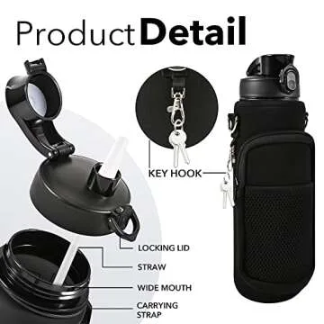 Newfad 32 oz Water Bottles with Straw & Strap, Motivational Water Bottles with Times to Drink, BPA Free Reusable Sports Water Bottle with Sleeve Carrier for Hiking, Travel, Running or Fitness